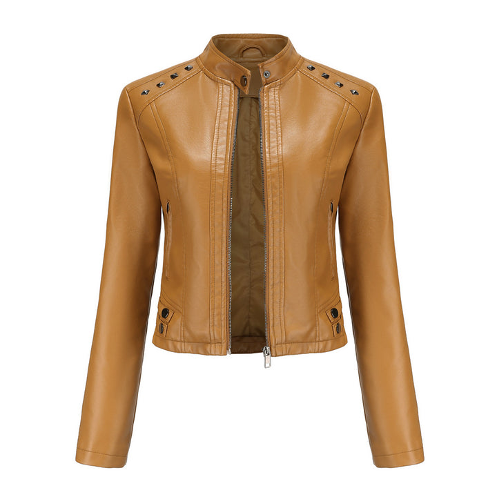 Women's short fitted faux leather jacket with studded detailing and stand-up collar Mune Fashion