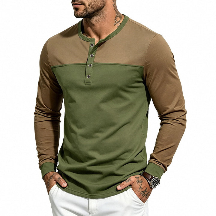 Men's Slim-Fit Henley Long Sleeve Shirt with Contrasting Insert and Button Placket Mune Fashion