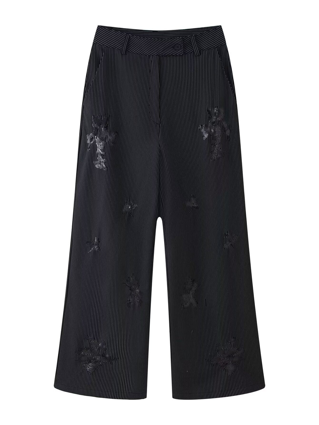 Women's High-Waisted Wide Marlene Trousers with Pinstripes and Sequin Embroidery Mune Fashion