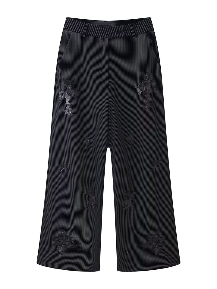 Women's High-Waisted Wide Marlene Trousers with Pinstripes and Sequin Embroidery Mune Fashion