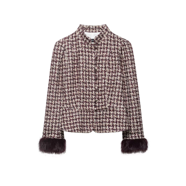 Women Boucle-Tweed Jacket with Stand-up Collar and Faux Fur Cuffs Mune Fashion