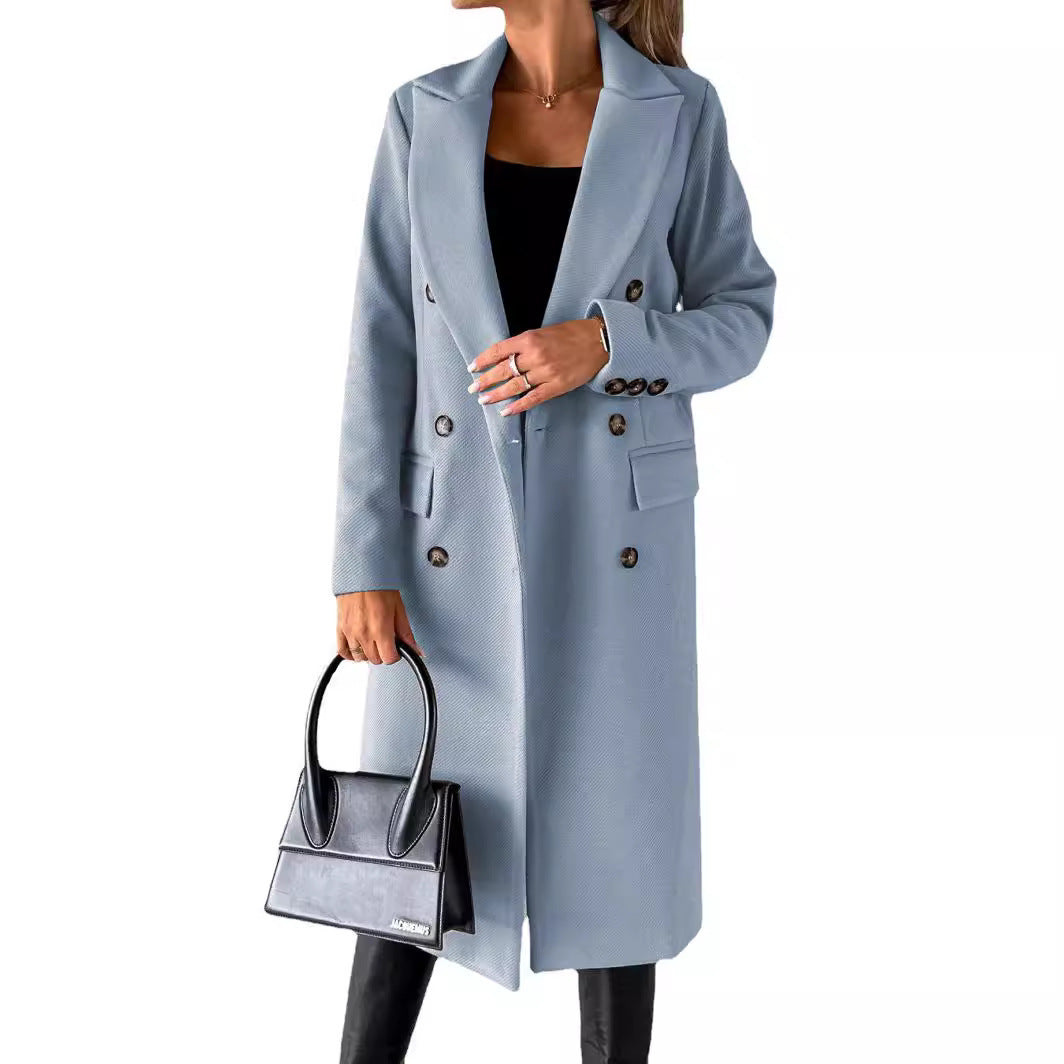 Women's classic long double-breasted coat with collar and flap pockets Mune Fashion