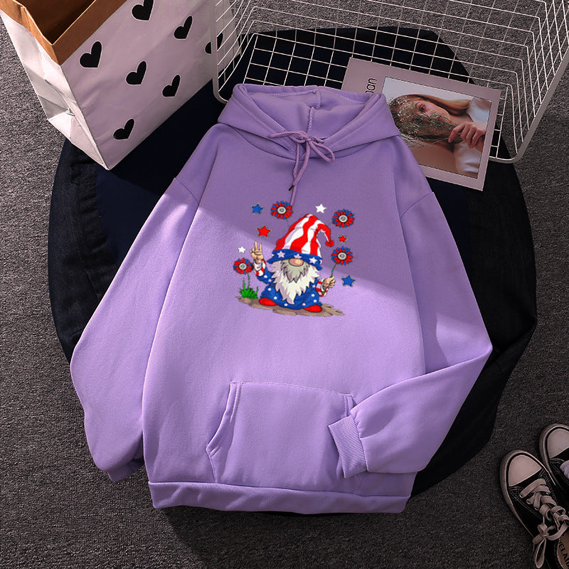 Women's hoodie with patriotic garden gnome print, brushed fleece lining, oversized cut, and kangaroo pocket Mune Fashion