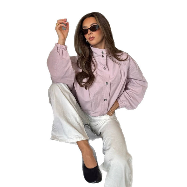 Ladies Short Boxy Bomber Jacket with Stand Collar and Snap Button Closure Mune Fashion