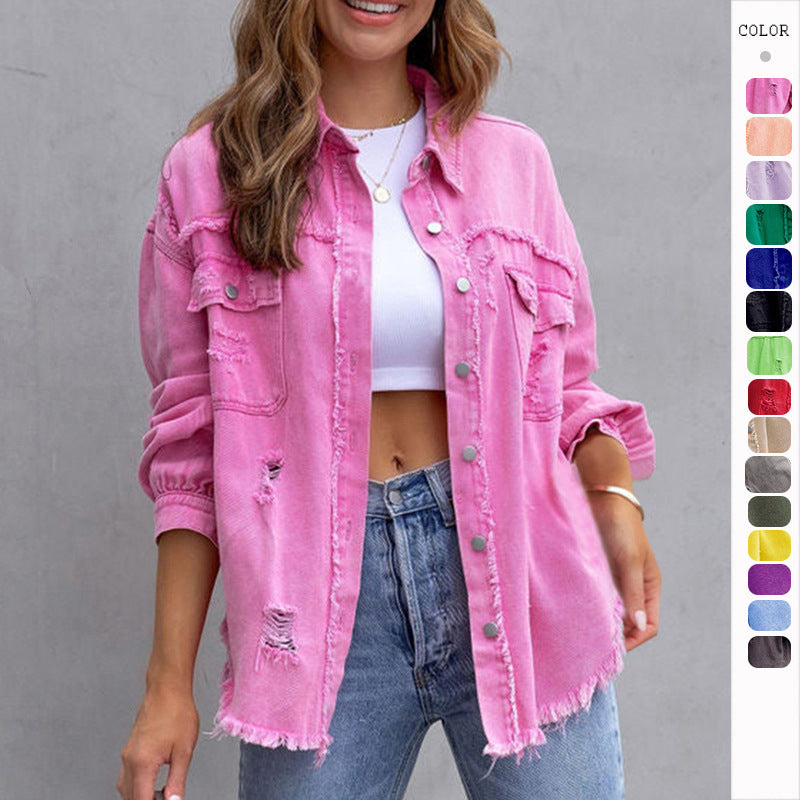 Women's oversized denim shirt jacket with frayed hem and distressed details Mune Fashion