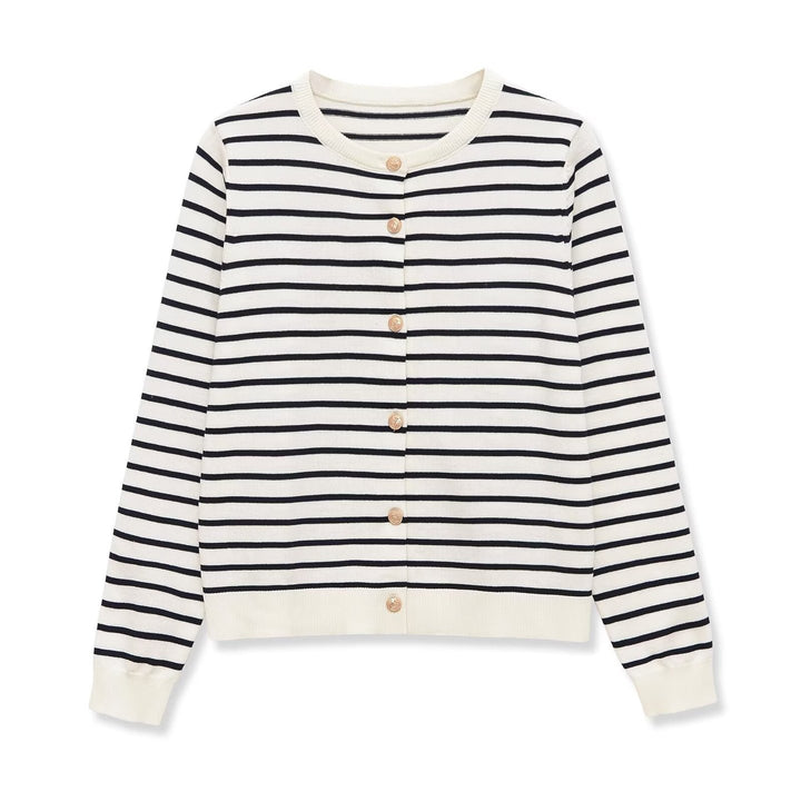 Women's Maritime Fine Knit Cardigan with Decorative Button Placket and Round Neckline Mune Fashion