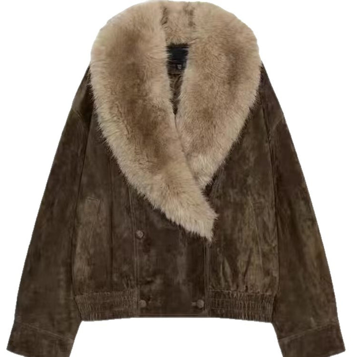 Women’s short-cut suede bomber jacket with luxurious fur collar Mune Fashion