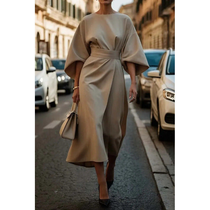 Ladies Elegant Midi Dress with Wide Kimono Sleeves and Fitted Wrap Waist Mune Fashion