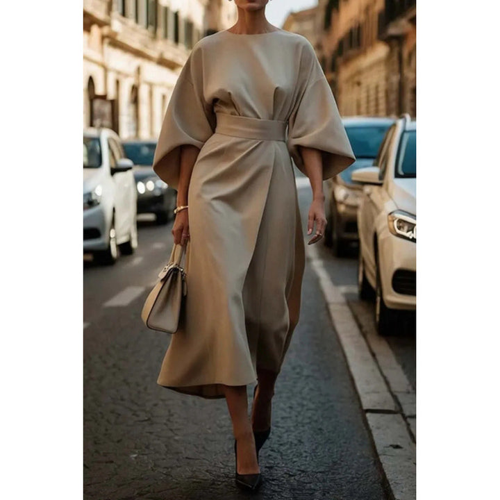 Ladies Elegant Midi Dress with Wide Kimono Sleeves and Fitted Wrap Waist Mune Fashion
