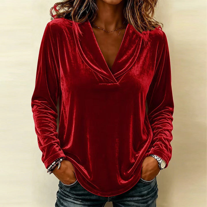 Women Velvet Relax Shirt with Shawl Collar, V-Neck and Casual Oversize Fit Mune Fashion