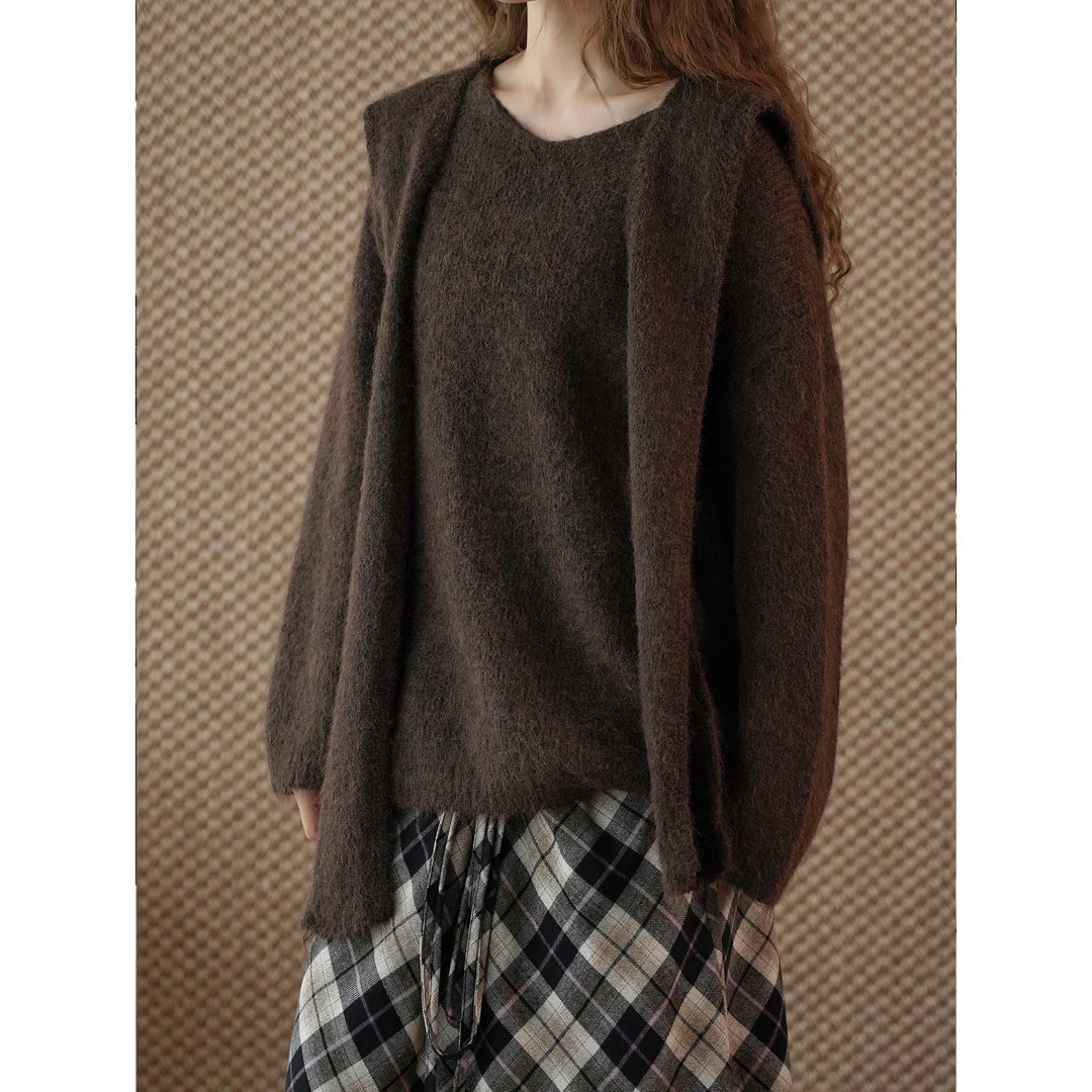 Women's Fluffy Mohair Mix Round Neck Sweater with Casual Long Vest Mune Fashion