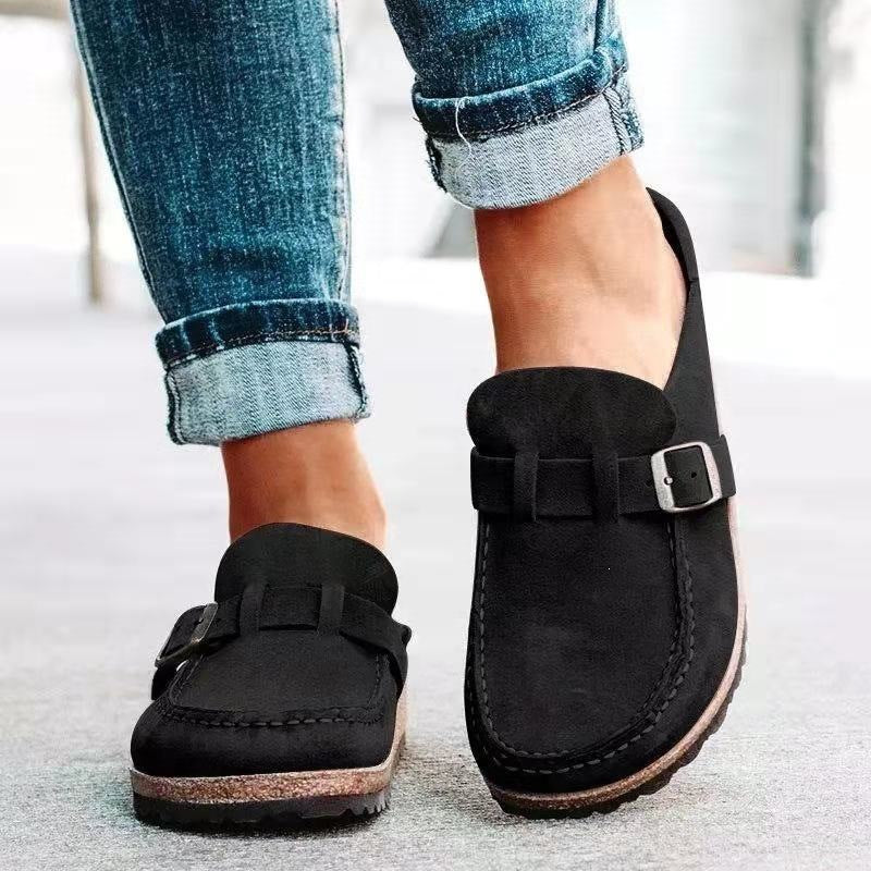 Damen Veloursleder-Slipper mit ergonomischer Korksohle und verstellbarem Schnallenriemen Mune Fashion