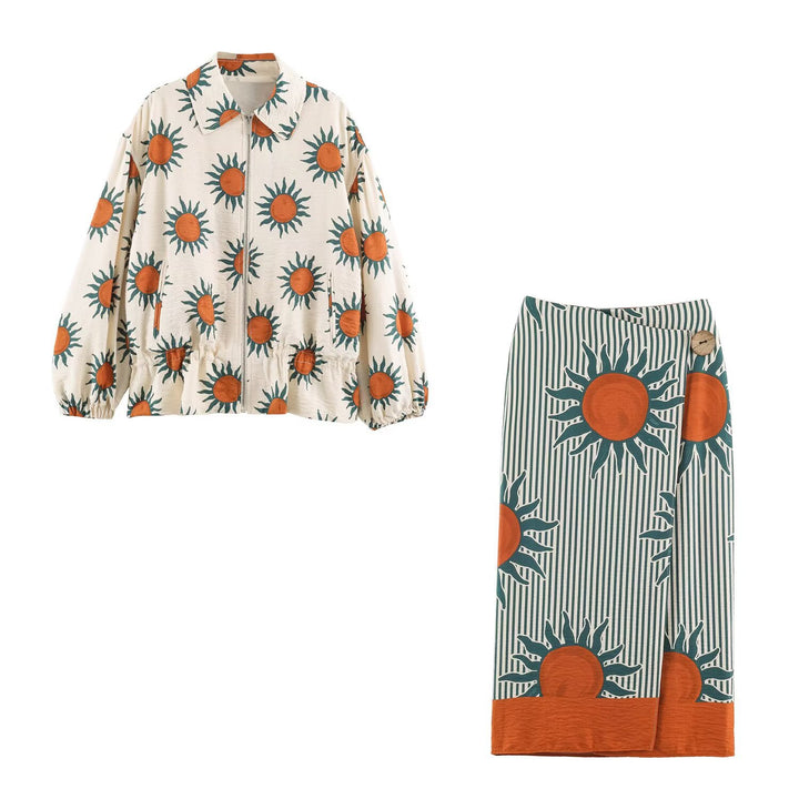 Women's Lightweight Printed Blouson Jacket with Sun Design, Drawstring Waist and Zipper Drune