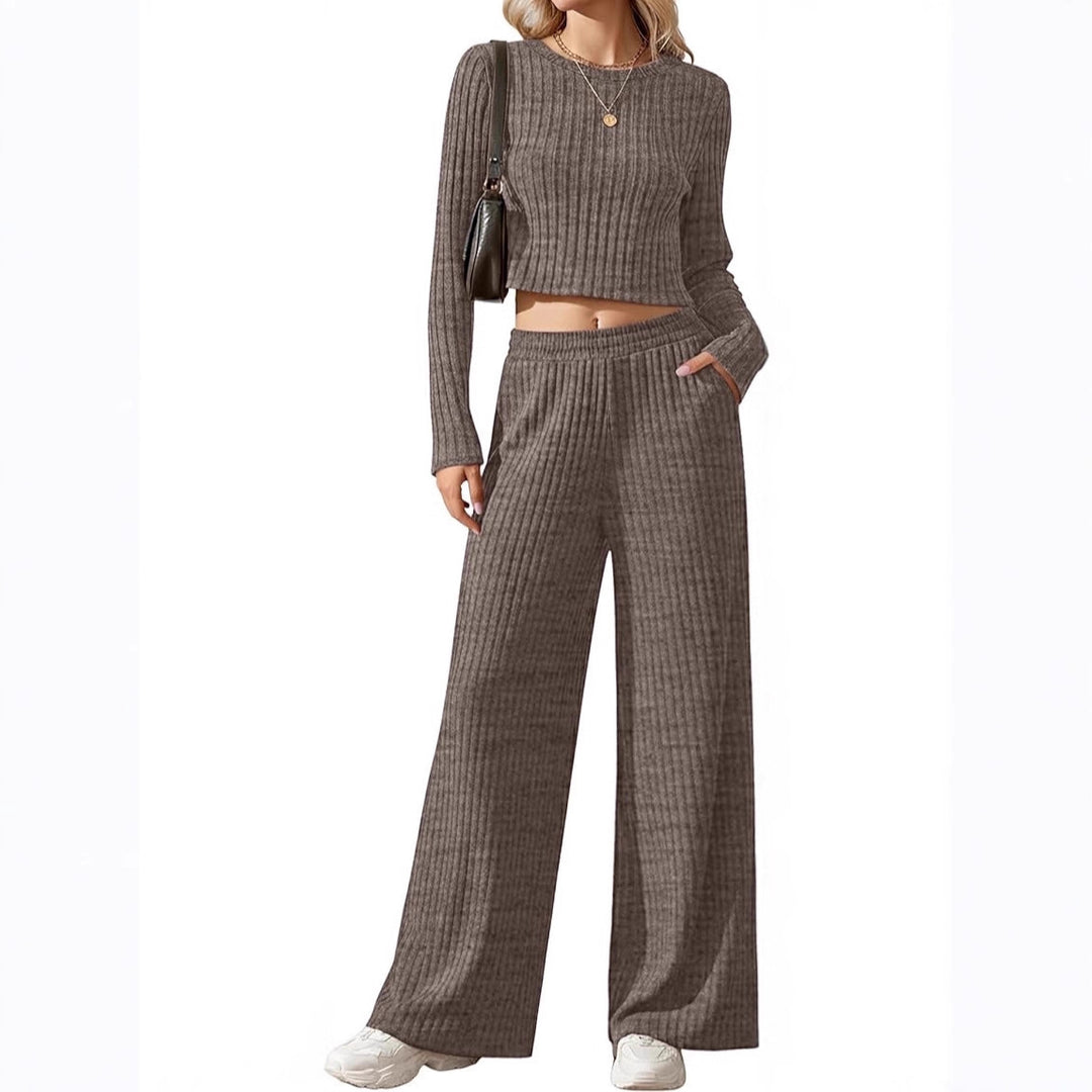 Women's Ribbed Fine Knit Lounge Set with Cropped Long Sleeve Top and High-Waisted Palazzo Pants Mune Fashion