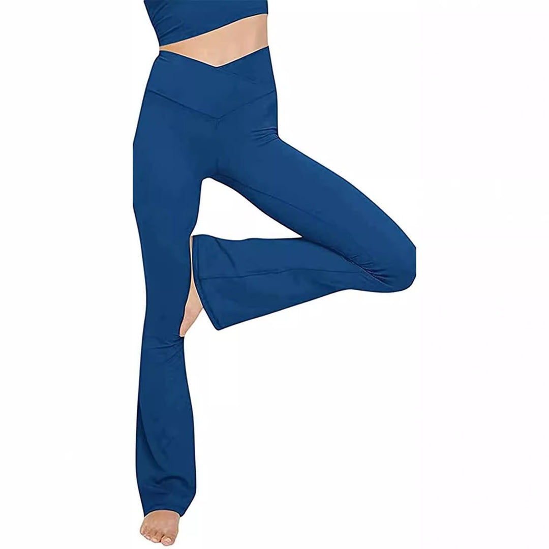 Women's mid-rise yoga pants with crossover waistband and flared hem with slit Mune Fashion