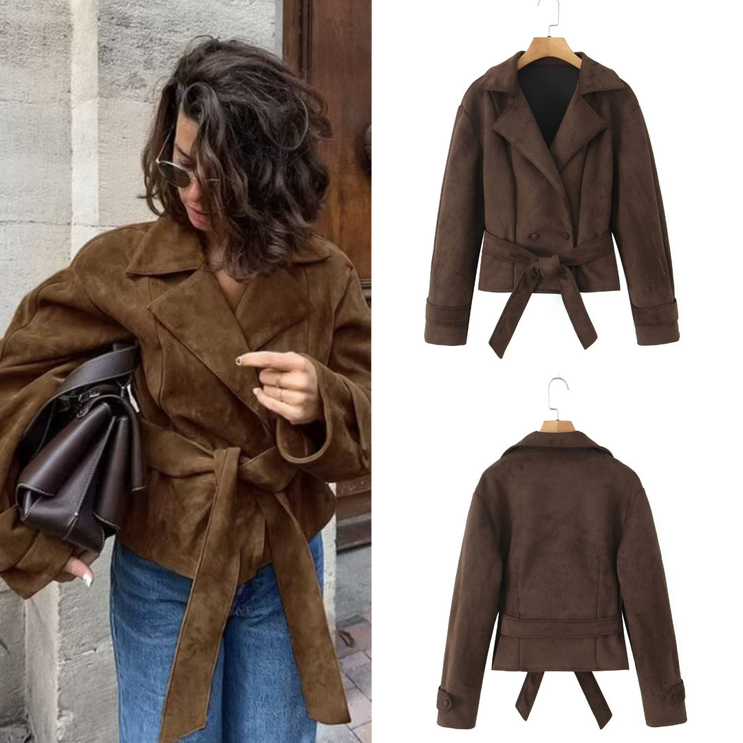 Women's Short Suede Look Jacket with Waist Belt and Lapel Collar Mune Fashion