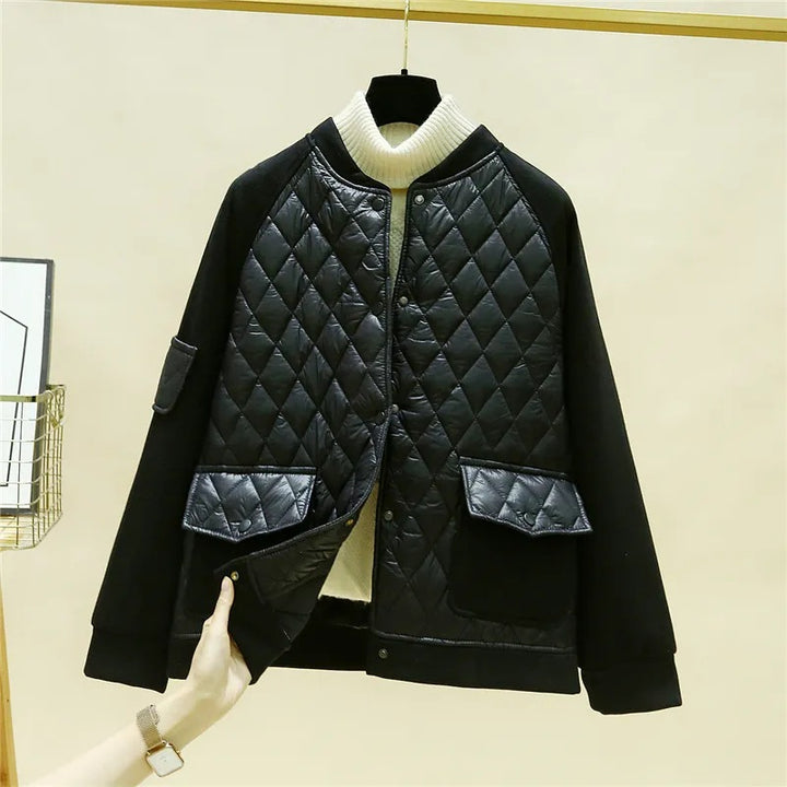 Women's quilted baseball bomber jacket with diamond stitching, flap pockets, and elastic cuffs Mune Fashion