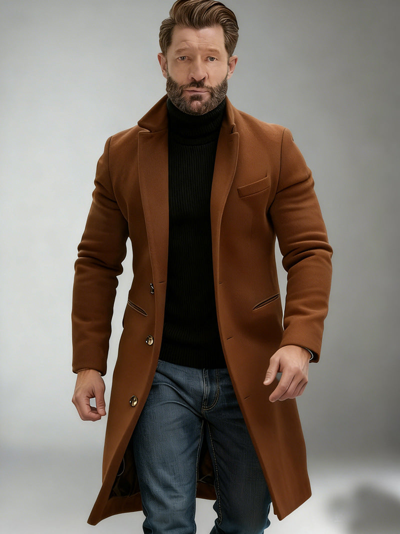 Men's Elegant Single-Breasted Long Coat Made of Wool Blend with Slim Silhouette and Lapel Collar Mune Fashion