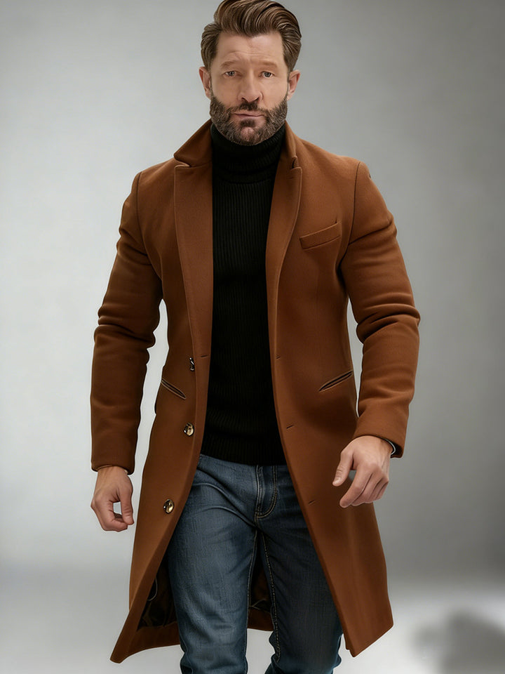 Men's Elegant Single-Breasted Long Coat Made of Wool Blend with Slim Silhouette and Lapel Collar Mune Fashion