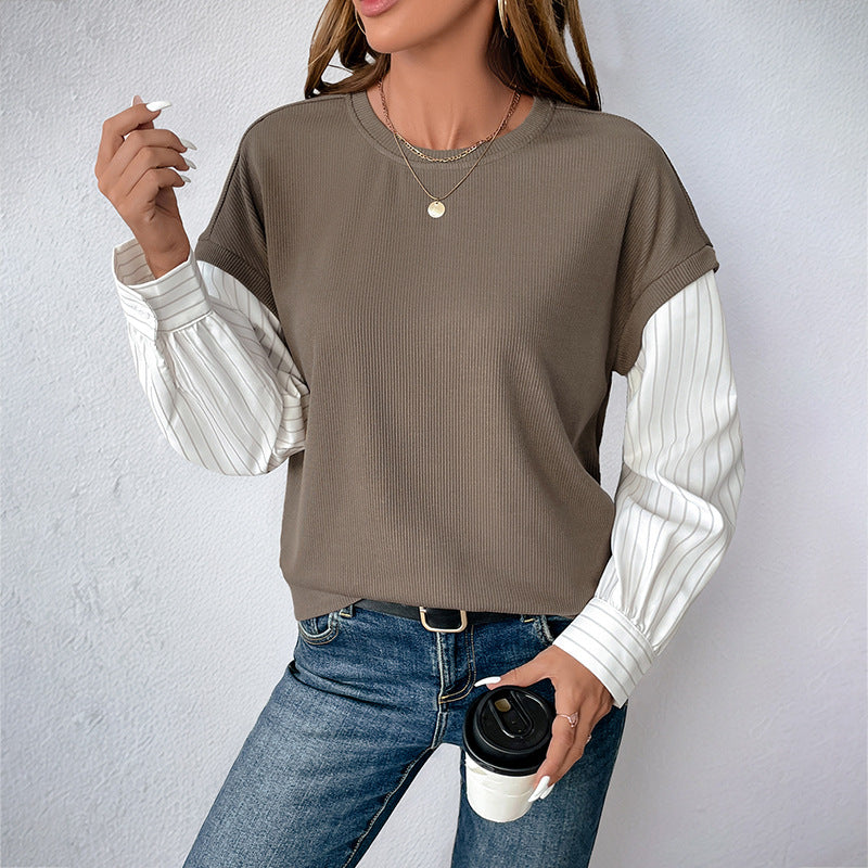 Women Casual Long Sleeve with Ribbed Top & Striped Blouse Sleeves Mune Fashion