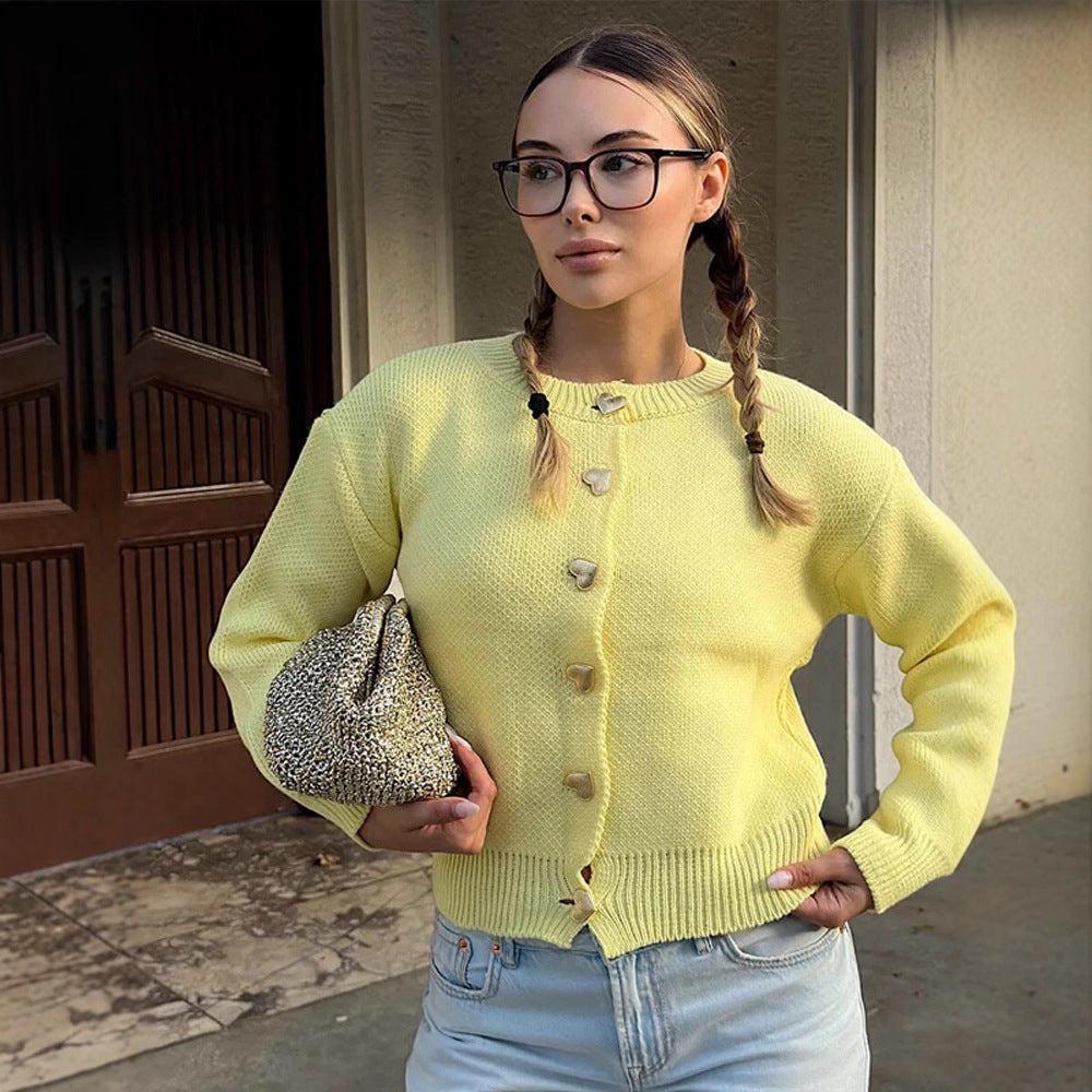 Women's Short Cardigan with Heart Buttons, Textured Fine Knit Look & Ribbed Hem Mune Fashion