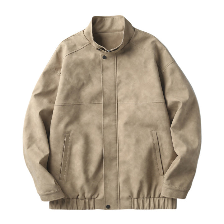 Men's Boxy Leather-Look Blouson with concealed zipper placket, stand collar, and elastic waistband Mune Fashion