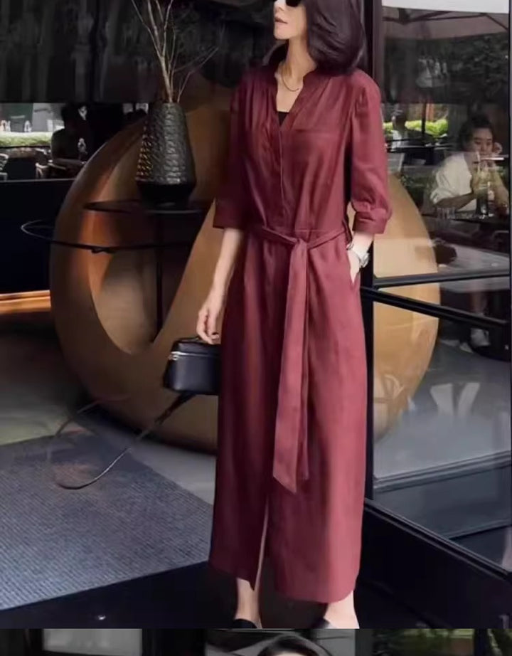 Women's Linen Jumpsuit with Tailored Tie Belt and 3/4 Sleeves Mune Fashion