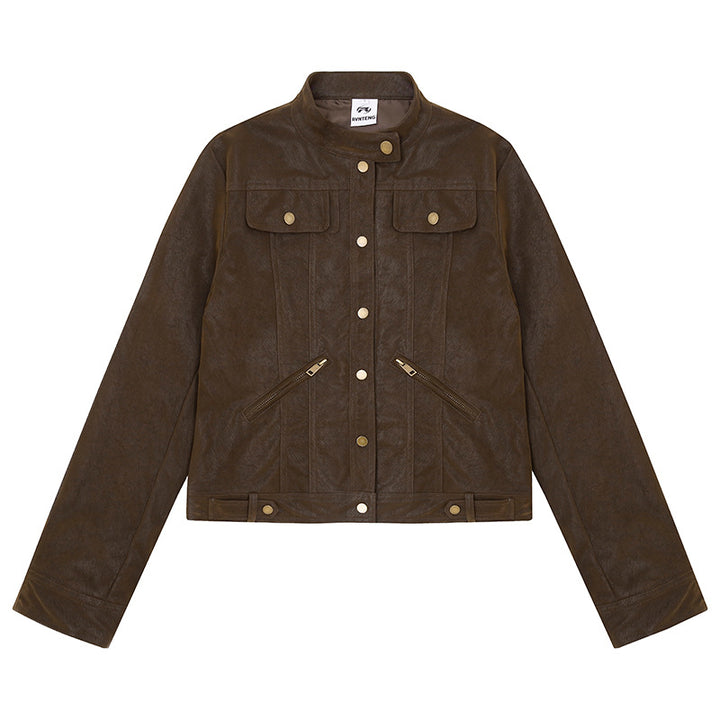 Women Short Cut Faux Leather Jacket in Vintage Moto Style Mune Fashion