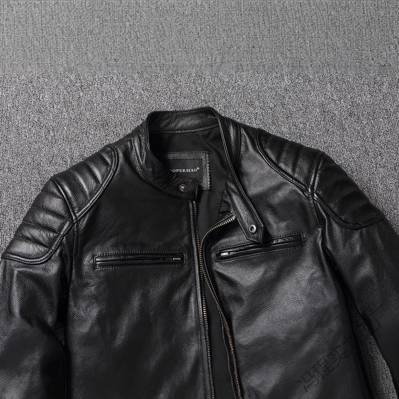 Men's leather jacket in vintage biker style with chest pockets and zipper Mune Fashion