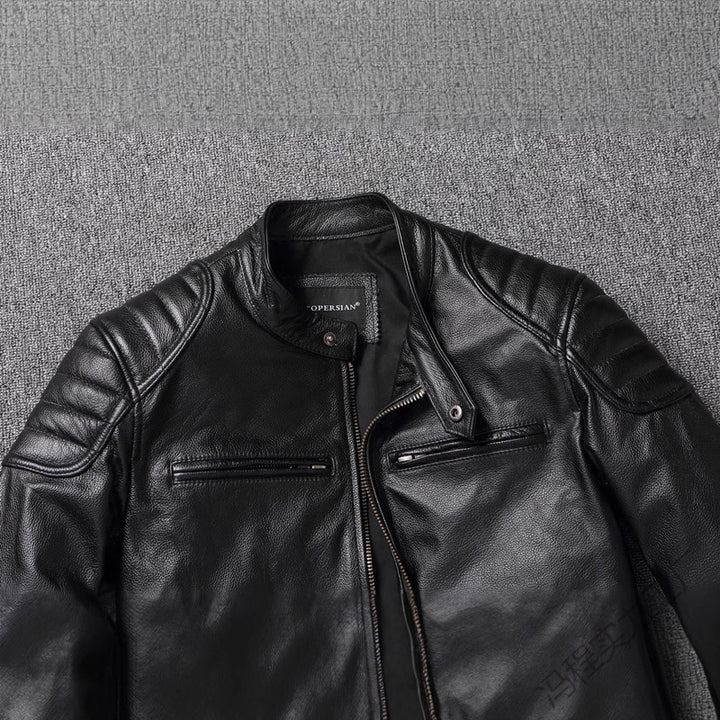 Men's leather jacket in vintage biker style with chest pockets and zipper Mune Fashion