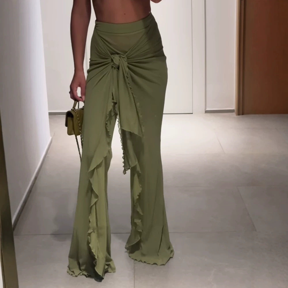 Women's High-Waisted Maxi Skirt with Asymmetrical Gathering, Knot Detail, and Ruffle Slit Mune Fashion