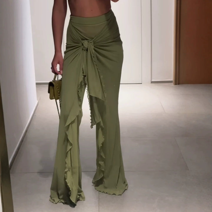 Women's High-Waisted Maxi Skirt with Asymmetrical Gathering, Knot Detail, and Ruffle Slit Mune Fashion