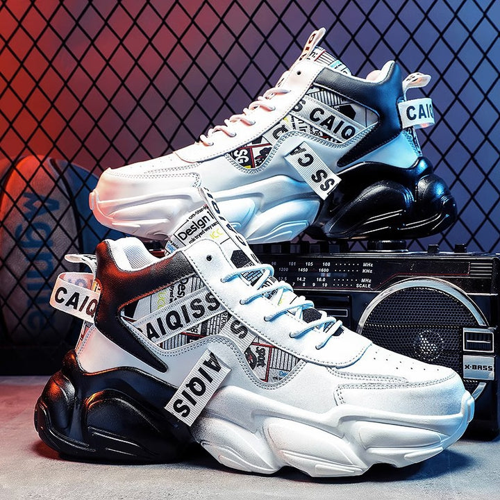 Unisex high-top platform sneaker with graphic print, padded ankle collar, and sculpted rubber sole Mune Fashion