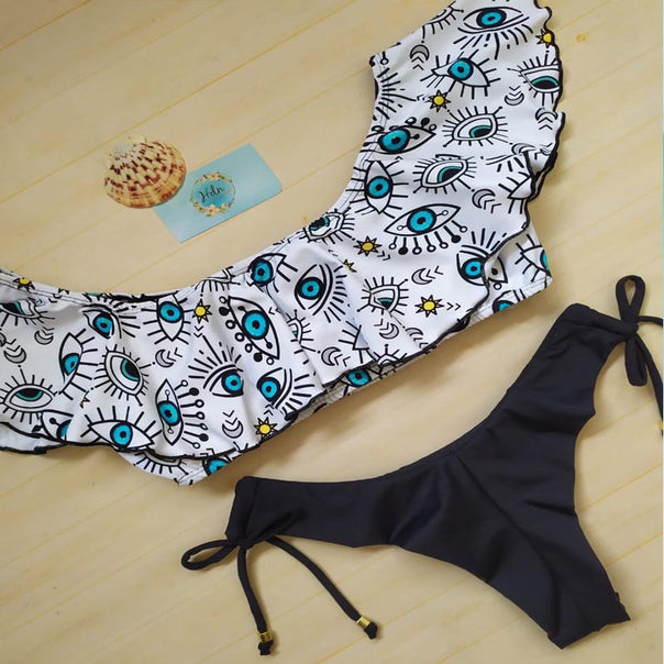 Women's Colorful Printed Bikini with Shoulder Ruffles Mune Fashion