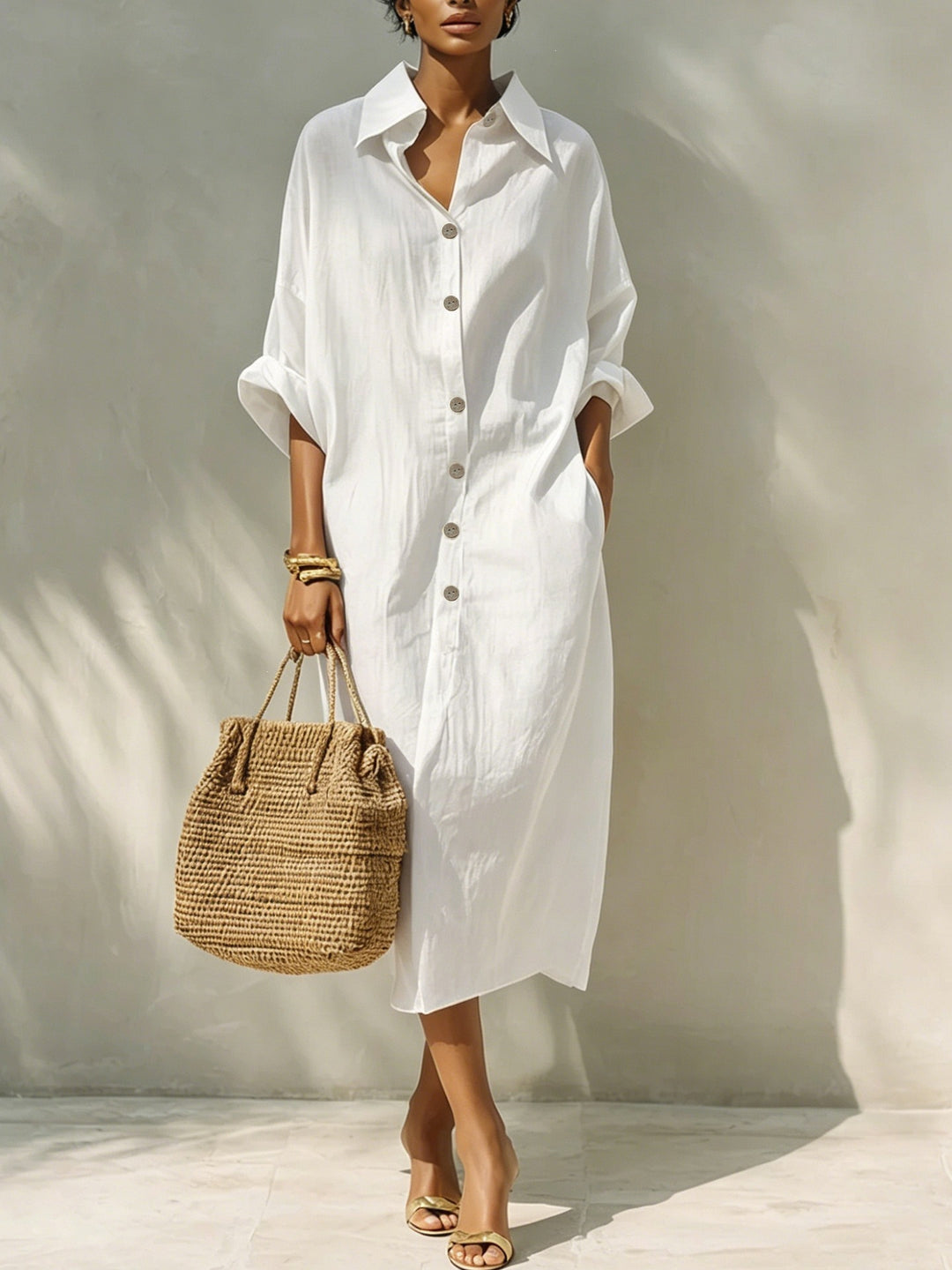 Women's Long Oversized Shirt Dress with Kent Collar and Continuous Button Placket Drune