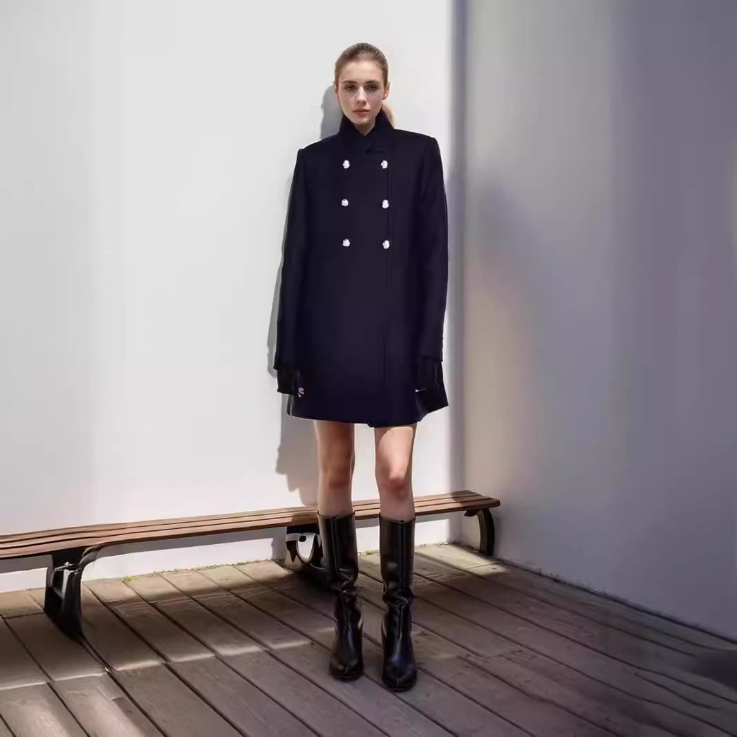Women's Double-Breasted Coat with Stand-Up Collar and Decorative Buttons Mune Fashion