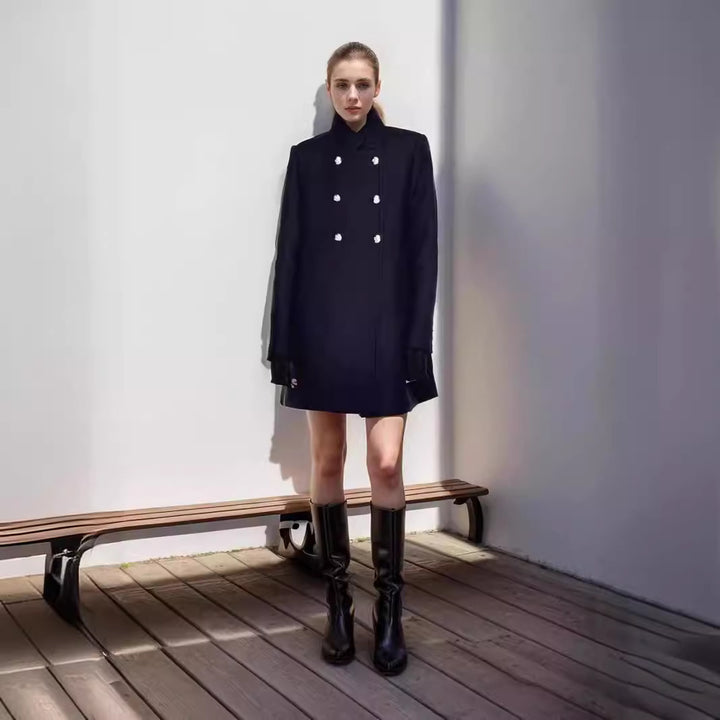 Women's Double-Breasted Coat with Stand-Up Collar and Decorative Buttons Mune Fashion