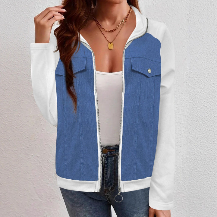 Women's denim mix blouson jacket with zipper and chest pockets Mune Fashion
