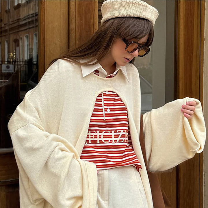Women's Oversize Cape Cardigan with Wide Trumpet Sleeves and Open Front Design Mune Fashion