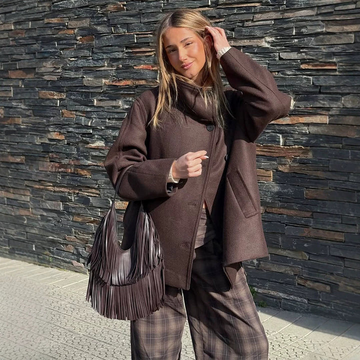 Women Longer Wool Blend Coat with Oversized Cut and Wide Lapel Mune Fashion