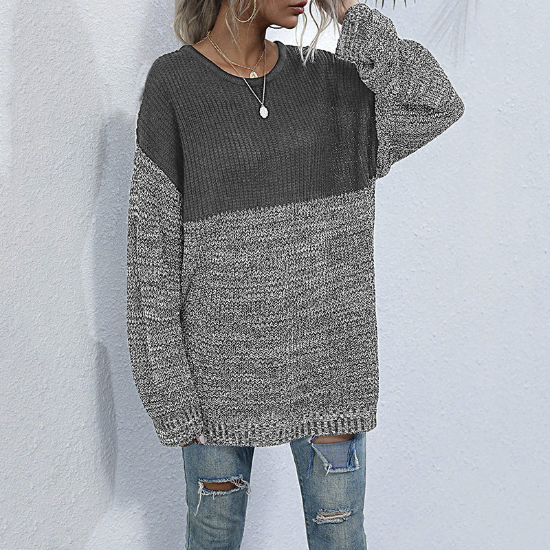 Ladies oversized knitted sweater in melange block design with round neckline & extended hem Mune Fashion