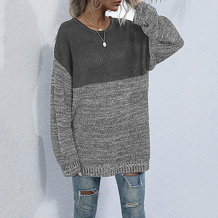 Ladies oversized knitted sweater in melange block design with round neckline & extended hem Mune Fashion