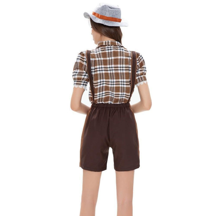 Ladies' Trachten shorts with embroidered bib, adjustable straps, and checked blouse Mune Fashion