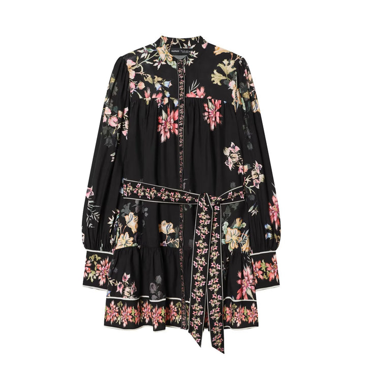 Women Floral Ruffled Mini Dress with Stand Collar, Waist Tie Belt and Balloon Sleeves Mune Fashion