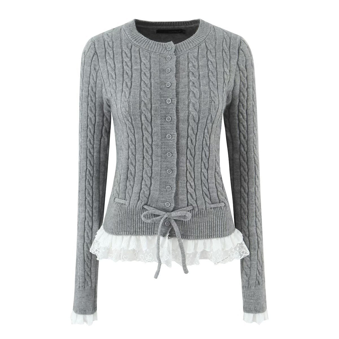 Women's cardigan with cable pattern, button placket, and lace frill Mune Fashion