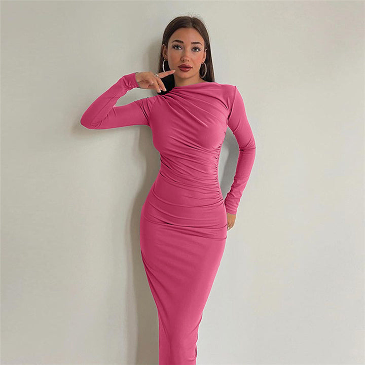 Women's gathered maxi dress with asymmetrical neckline and fitted silhouette Mune Fashion