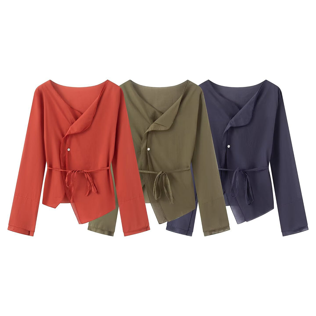 Women's wrap blouse with asymmetrical front, V-neck and tie belt Mune Fashion