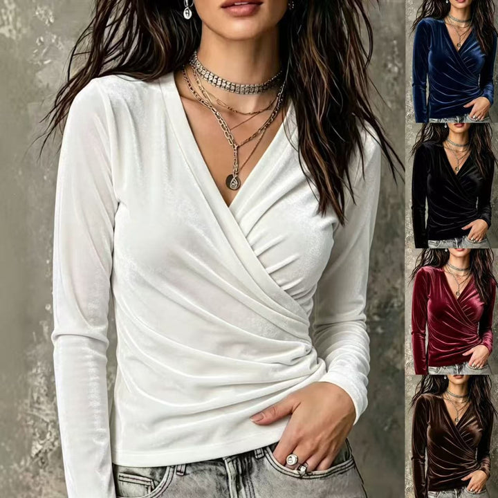 Ladies wrap shirt made of velvet with V-neckline and side gathering Mune Fashion