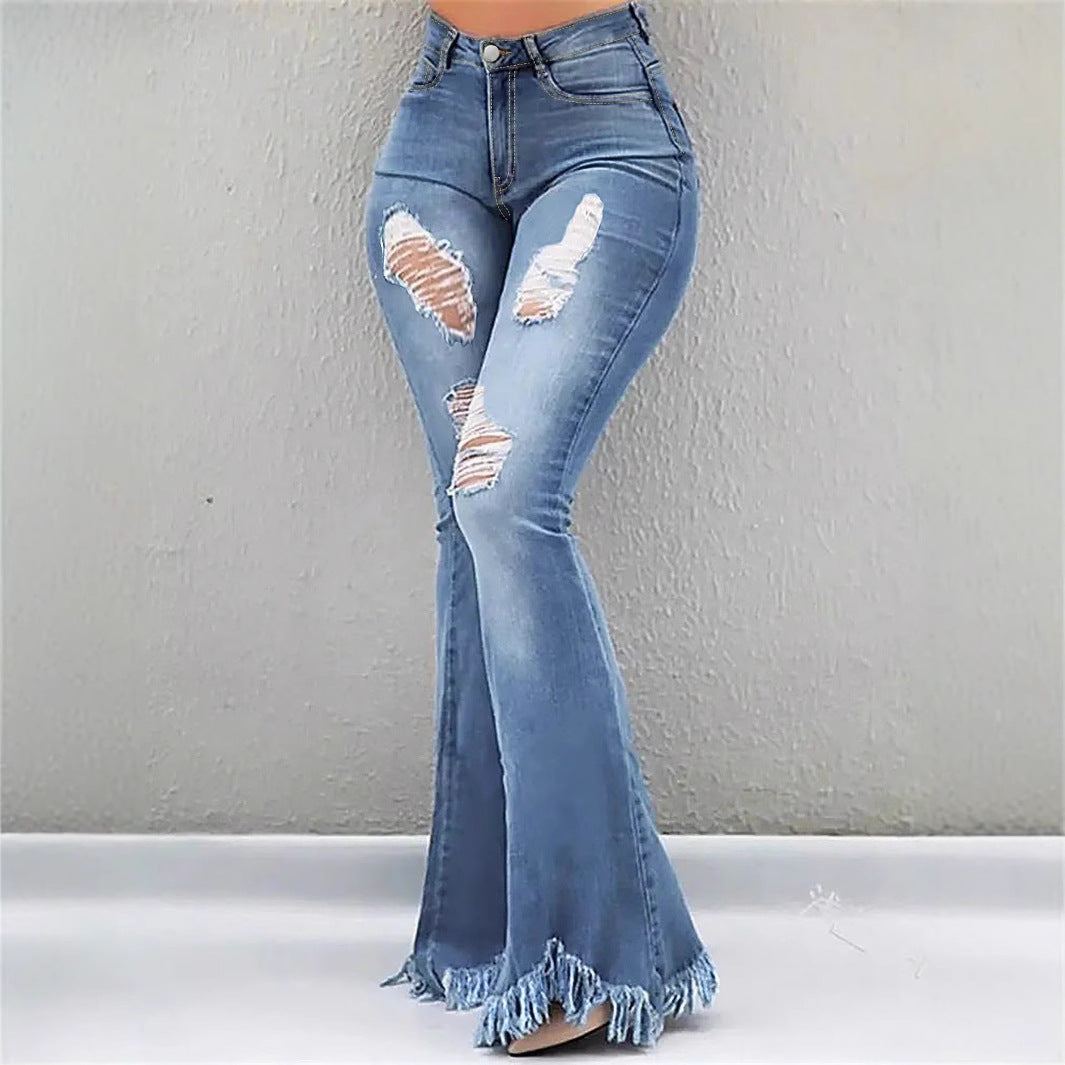Women High-Waist Flared-Jeans with sculpting cut, destroyed knee parts and frayed ruffle hem Mune Fashion