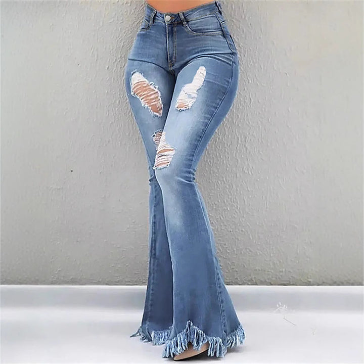 Women High-Waist Flared-Jeans with sculpting cut, destroyed knee parts and frayed ruffle hem Mune Fashion